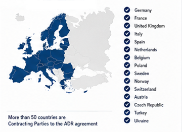 European and international countries using ADR dangerous goods transport regulations