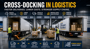 Cross-docking warehouse with trucks loading and unloading goods in modern European logistics center