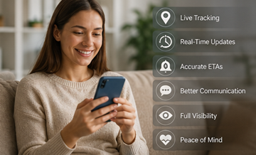 Happy customer monitoring shipment tracking updates during transport delivery process
