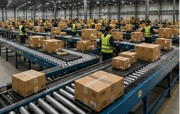 Large distribution center sorting products for transport and delivery