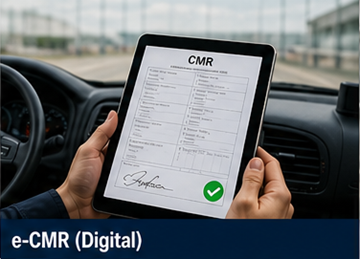 Driver using tablet to sign digital CMR document eCMR in logistics system