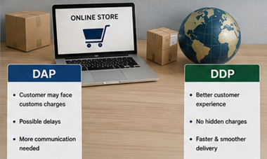 International ecommerce parcel delivery and customs logistics under DDP and DAP terms