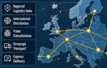 European transport network using cross-docking logistics hubs and distribution centers