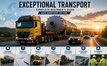 Exceptional transport truck carrying oversized industrial cargo on a European highway with escort vehicles