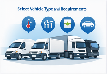 Different vehicle types for transport including vans, trucks, and car transporters