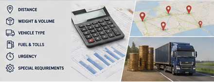 Freight transport pricing calculation with trucks maps logistics planning and cargo costs
