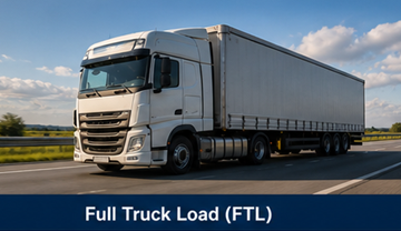 Large full truck load semi trailer transporting goods across European highway logistics