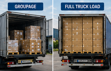 Comparison between groupage shipping and full truck load transport with logistics trucks and pallet freight