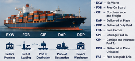 International shipping operations and Incoterms trade agreements for cargo transport