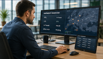 Transport dispatcher using logistics software with road freight abbreviations and shipment tracking