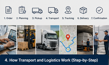 Step by step transport process from pickup to delivery logistics workflow